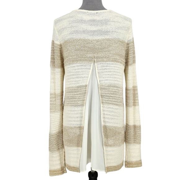 Calvin Klein Sweater Womens Large Ivory Beige Stripe Chiffon Back Pleat Pullover - Picture 2 of 13